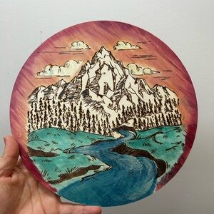 Handcrafted woodburned mixed media Mountain Scene Wall Art